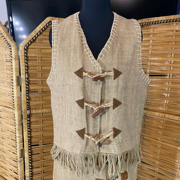 Vintage Just Class 70s Boho Fringe Vest Skirt Set Rustic Burlap Cottagecore S - Picture 2 of 9